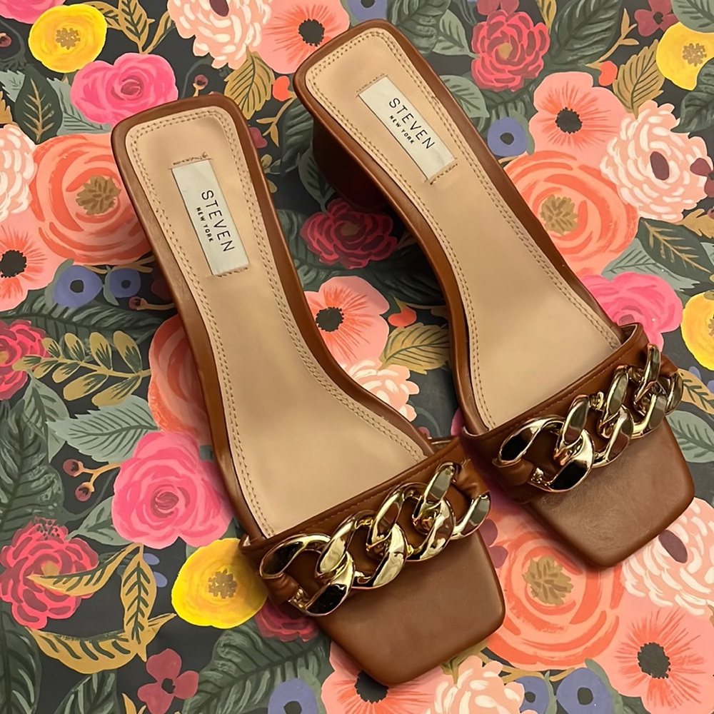 Steven by Steve Madden Brown Chain-Link Slide Sandals